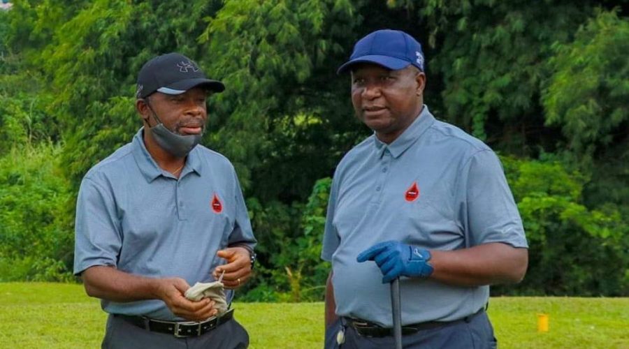 PETAN Chairman, Mr. Nicolas Odinuwe (left) poses with his Vice, Mr. Ranti Omole (right), during a game of corporate golf at the IBB Golf Club Abuja.